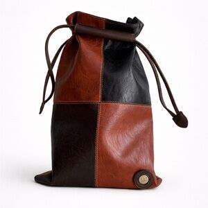 Leather Patchwork Drawstring Bag in Brown and Black